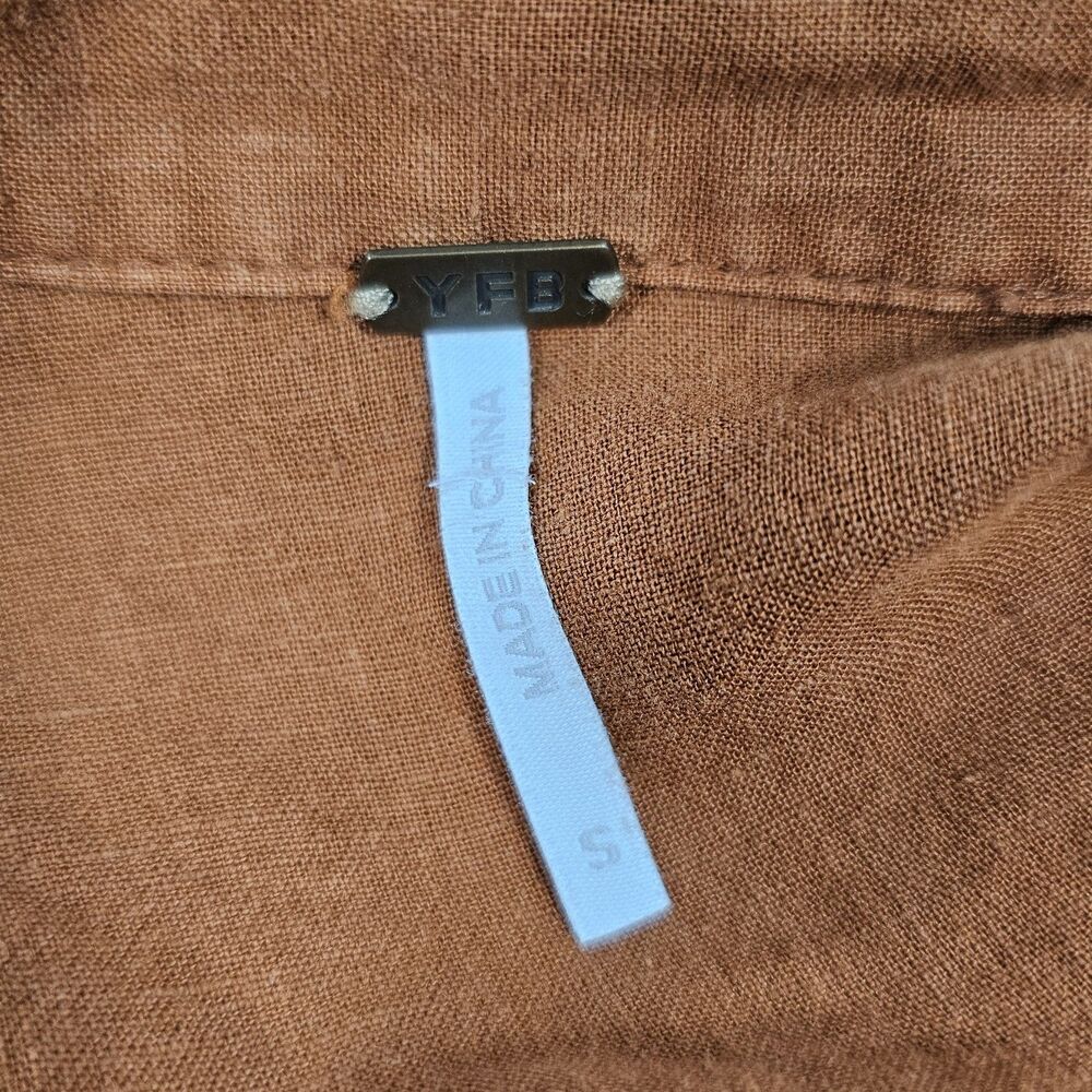 Young Fabulous & Broke Traveler Linen Blend Relaxed Button Down Top Tan Rust S - Picture 3 of 5